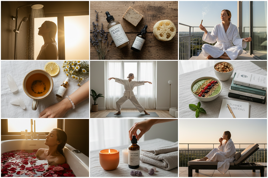 Routine bien-être naturelle du matin au soir en été — douche, roll-on énergétique, Palo Santo, tisane et bain rituel O'NAIA
