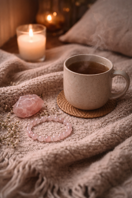 Rituel bien-être du soir O'NAIA lithothérapie pierres naturelles tisane bougie méditation Québec