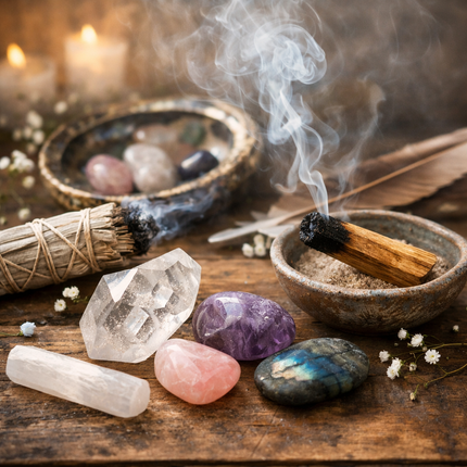Purification pierre naturelle lithothérapie O'NAIA sauge blanche Palo Santo rituel énergétique