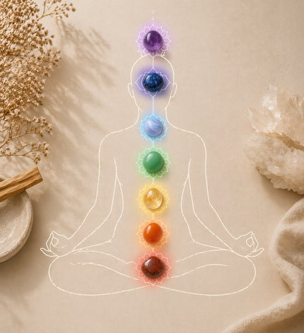 Pierres de lithothérapie posées sur les chakras du corps — jaspe rouge, cornaline, citrine, quartz rose, aigue-marine, améthyste et cristal de roche | O'NAIA