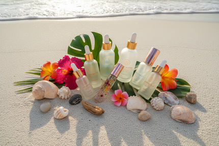 Huiles essentielles et roll-on aromachologie posés sur le sable blanc avec coquillages et vagues en été — bien-être olfactif O'NAIA