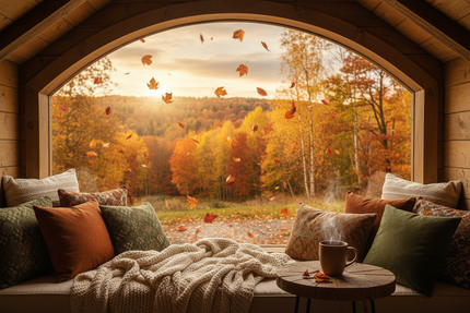 Scène d’automne réconfortante : coin cosy avec couvertures douces face à un paysage de forêt en plein pic automnal, feuilles rouges, oranges et dorées, lumière chaude et tasse de thé fumante