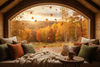 Scène d’automne réconfortante : coin cosy avec couvertures douces face à un paysage de forêt en plein pic automnal, feuilles rouges, oranges et dorées, lumière chaude et tasse de thé fumante