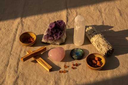 Cristaux et pierres de lithothérapie — améthyste, quartz rose, sélénite et Palo Santo dans une lumière dorée | O'NAIA