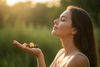 Femme le visage tourné vers le soleil tenant des cristaux solaires citrine et œil de tigre — bien-être et énergie estivale O'NAIA