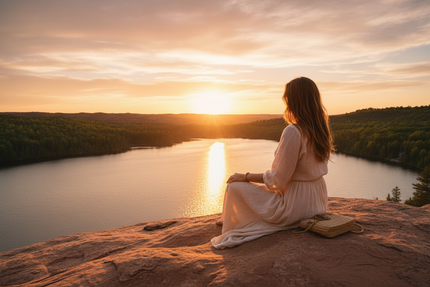 Femme en contemplation face à un coucher de soleil sur un lac canadien en août, ambiance slow living et bien-être