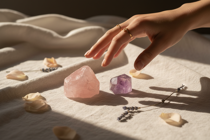 Main féminine qui se dirige vers un quartz rose et une améthyste posés sur du lin blanc — choisir sa première pierre en lithothérapie O'NAIA