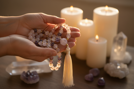 Mala 108 perles en améthyste et quartz naturel disposé en cercle sur ardoise, entouré de cristaux et pétales de rose - O'NAIA
