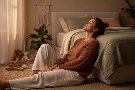 Maman épuisée assise par terre, dos contre le lit, yeux fermés, jouets d'enfants en arrière-plan — surcharge mentale et besoin de lâcher prise