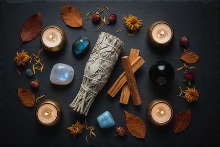 Flat lay rituel nouvelle lune : sauge blanche, Palo Santo, labradorite, pierre de lune, obsidienne noire et amazonite sur surface sombre avec feuilles d'automne et lumière de bougie