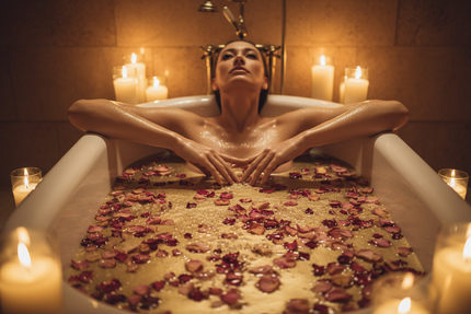 Personne en détente dans un bain rituel aux sels naturels et pétales de rose, lumière tamisée aux bougies — rituel bien-être O'NAIA