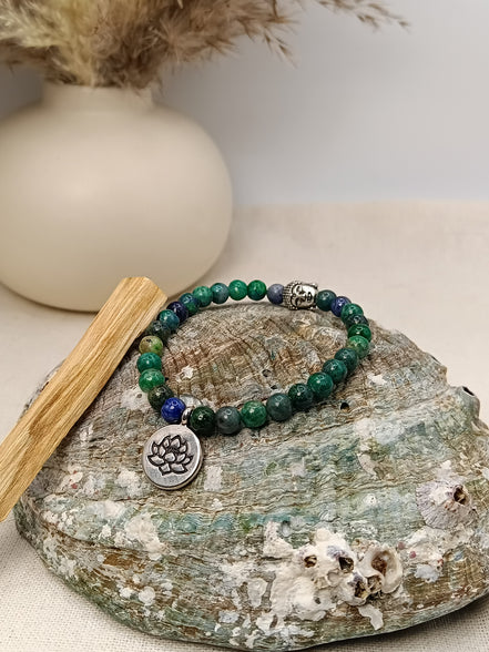 Bracelet Azurite O'NAIA Palo Santo lithothérapie clarté mentale intuition conscience chakra troisième œil
