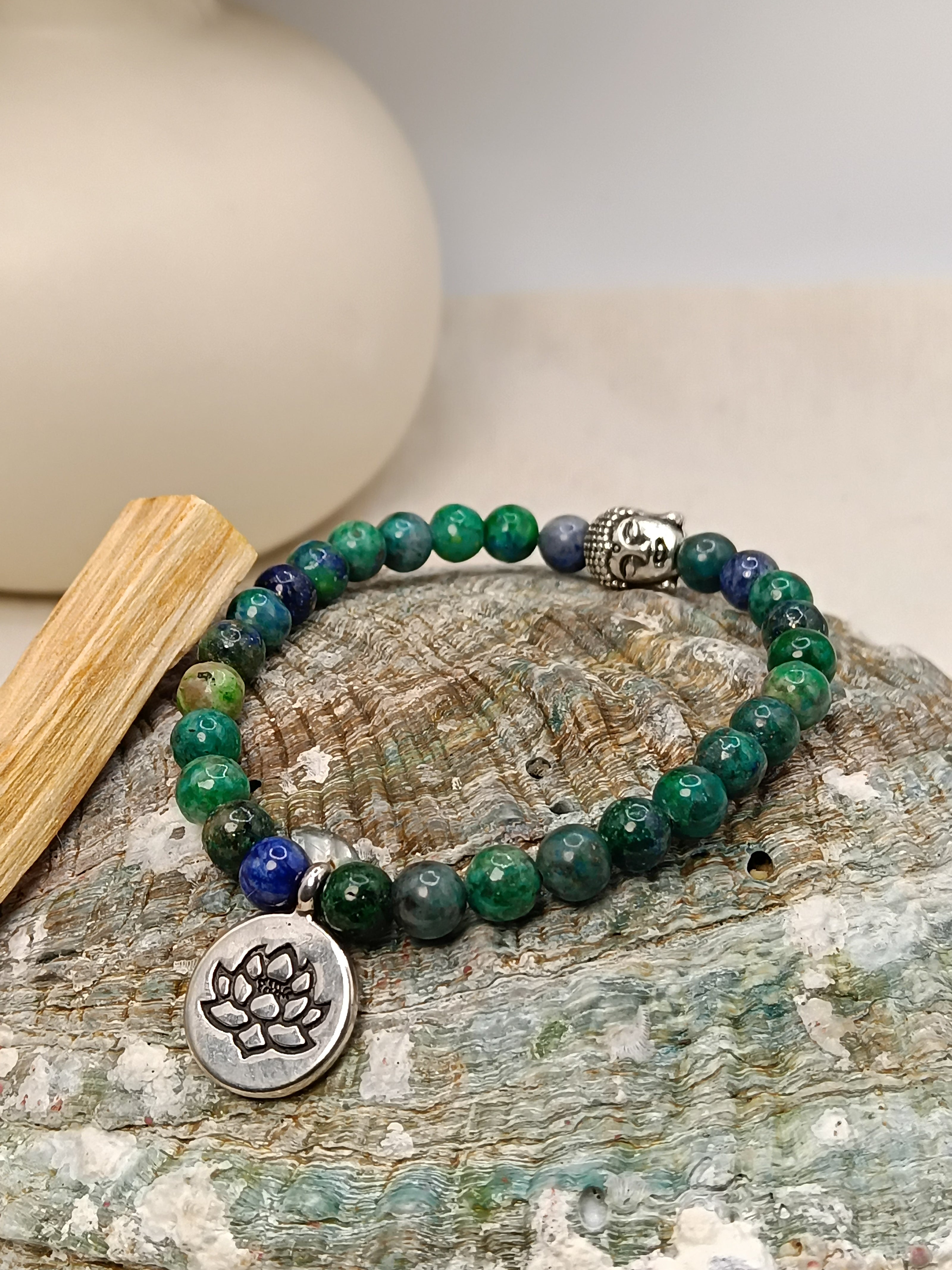 Bracelet Azurite O'NAIA Palo Santo lithothérapie clarté mentale intuition conscience chakra troisième œil
