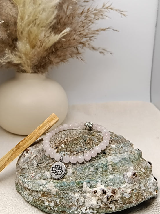 Bracelet Quartz Rose O'NAIA Palo Santo lithothérapie amour de soi douceur harmonie chakra cœur

