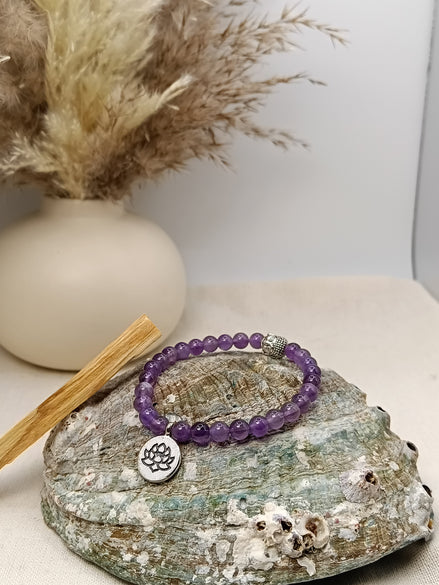 Bracelet Améthyste O'NAIA Palo Santo lithothérapie apaisement sagesse intuition chakra coronal
