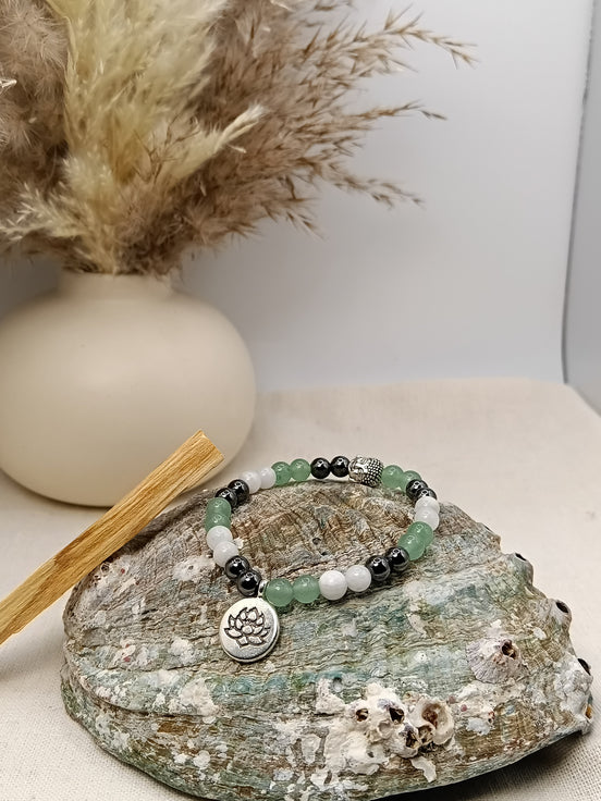 Bracelet Ménopause O'NAIA aventurine hématite pierre de lune Palo Santo lithothérapie équilibre apaisement
