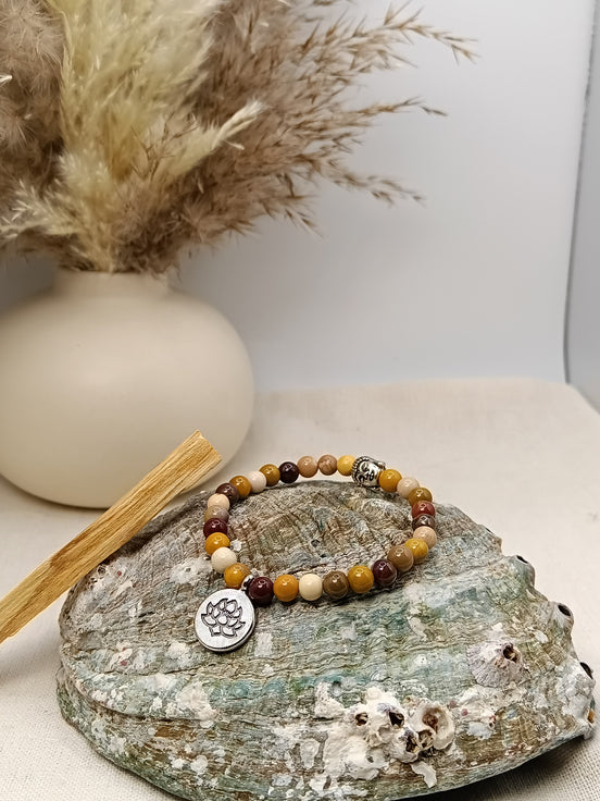 Bracelet Mokaïte O'NAIA Palo Santo lithothérapie action ancrage vitalité chakra racine
