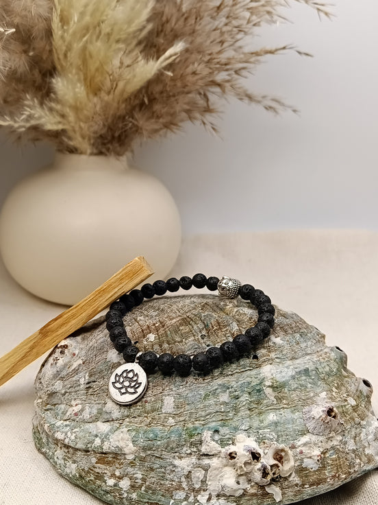 Bracelet Pierre de Lave O'NAIA Palo Santo lithothérapie ancrage transformation force chakra racine

