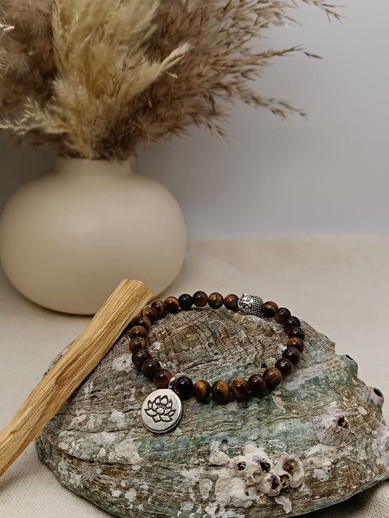 Bracelet Oeil de Tigre O'NAIA Palo Santo lithothérapie protection confiance ancrage chakra plexus solaire

