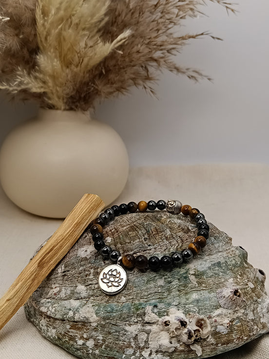 Bracelet Triple Protection O'NAIA œil de tigre hématite obsidienne Palo Santo lithothérapie protection énergétique
