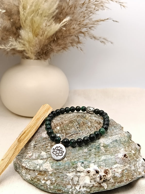 Bracelet Émeraude O'NAIA Palo Santo lithothérapie amour harmonie équilibre émotionnel chakra cœur
