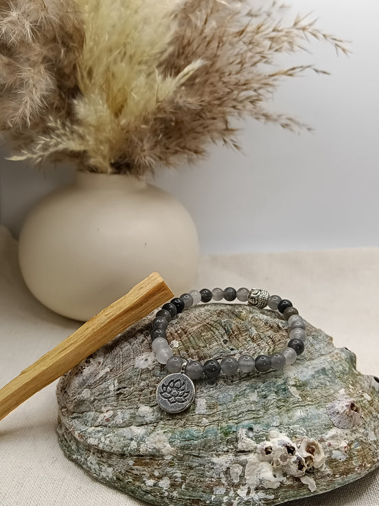Bracelet Quartz Fumé O'NAIA Palo Santo lithothérapie ancrage apaisement lâcher-prise chakra racine
