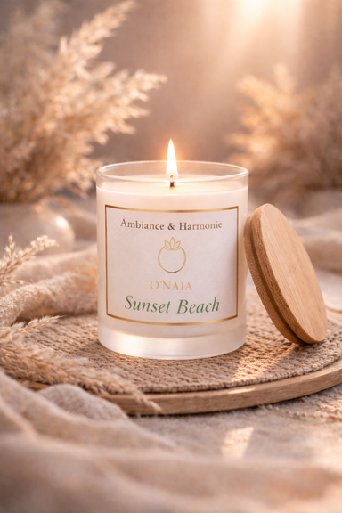 Bougie Sunset Beach O'NAIA cire coco-soja naturelle fragrance fruitée florale boisée
