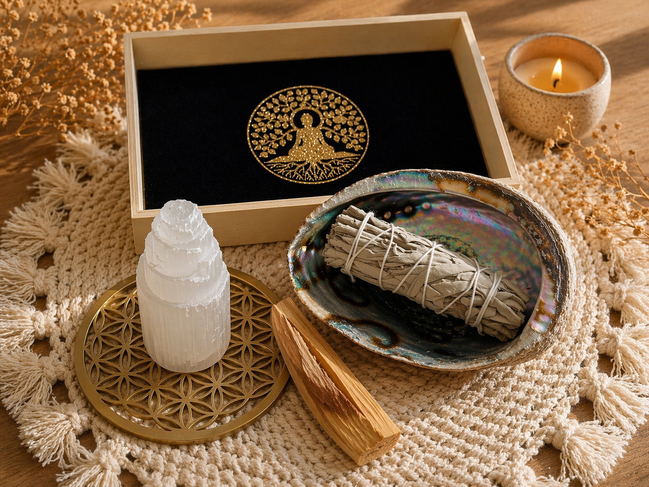Coffret rituel de purification O'NAIA avec sélénite, Palo Santo, sauge et coquille d'ormeau